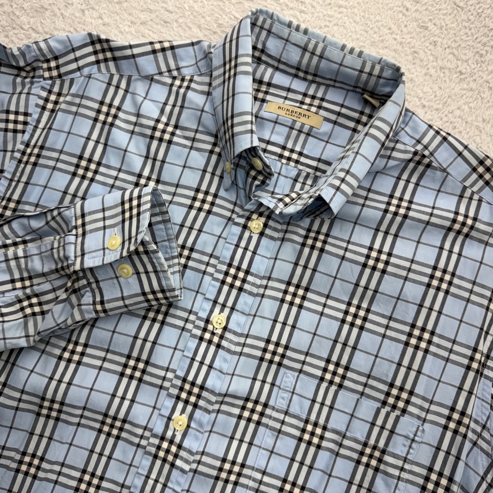 Burberry London Mens Light Blue Nova Check Button Down Shirt Size M Made in USA